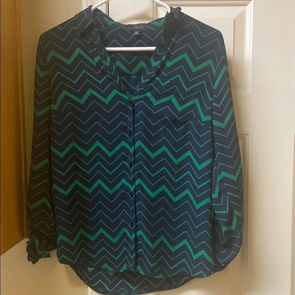 The Limited Green and Blue Boxy Blouse with Mandarin Collar